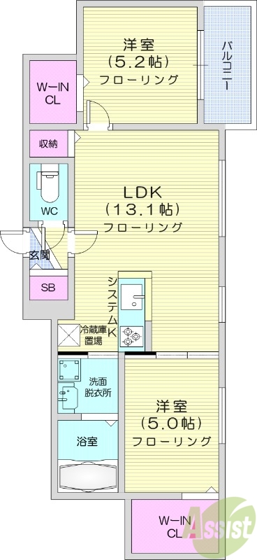 2LDK、都市ガス、エアコン、システムキッチン、独立洗面台