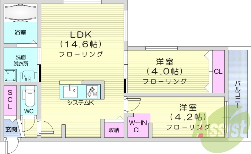 2LDK、エアコン、システムキッチン、ネット無料