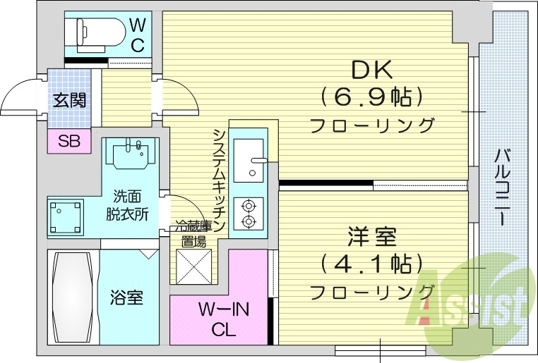 1DK、エアコン、システムキッチン、バルコニー、独立洗面台