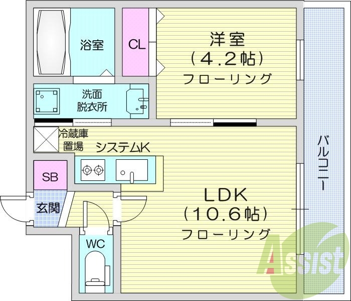 1LDK、エアコン、システムキッチン、ネット無料
