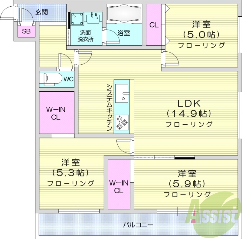 3LDK、エアコン、システムキッチン、ネット無料