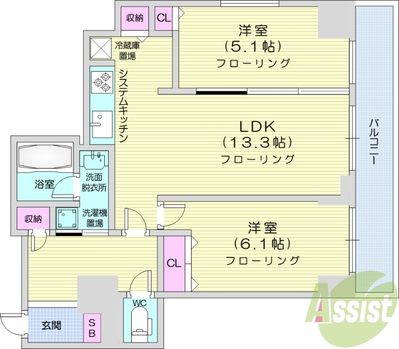 2LDK、オートロック、都市ガス、システムキッチン