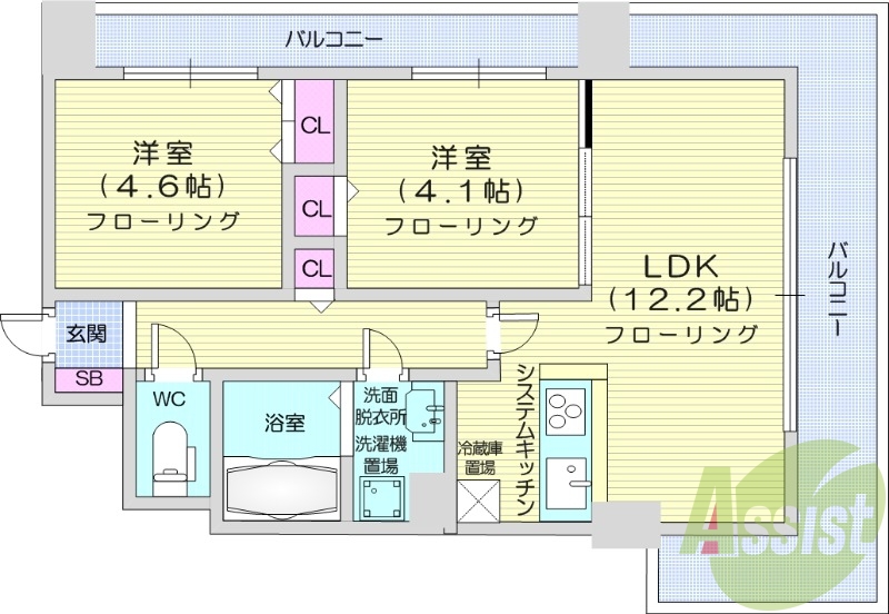 2LDK、バルコニー、システムキッチン、都市ガス
