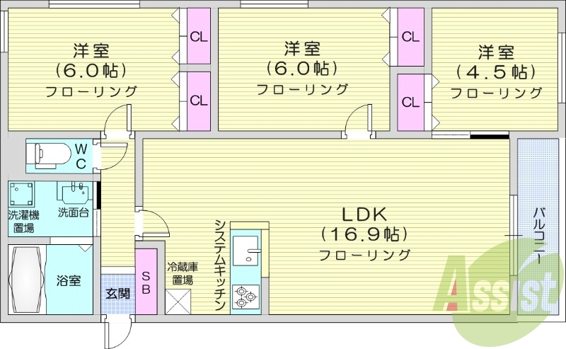 3LDK、ウォークインクローゼット、システムキッチン