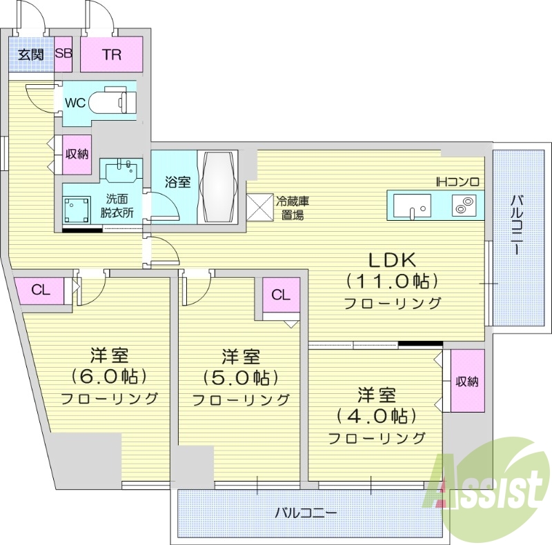 3LDK、都市ガス、エアコン、トランクルーム、独立洗面台