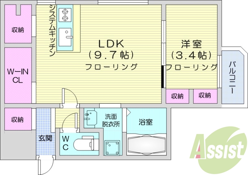 1LDK、都市ガス、エアコン、浴室乾燥機、エレベーター