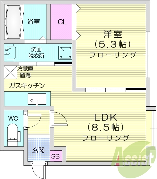 1LDK、エアコン、独立洗面台、ガスキッチン、トランクルーム