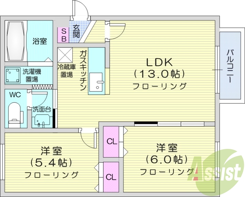 2LDK、角部屋、独立洗面台、ネット使用料無料