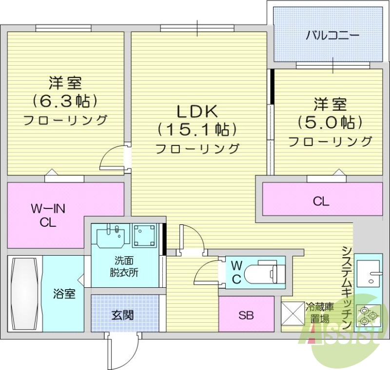 2LDK、エアコン、ガス暖房、都市ガス、追い焚き
