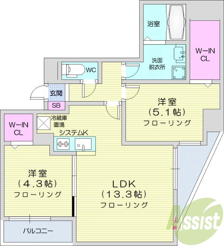 2LDK、エアコン、都市ガス、床暖房、ネット無料