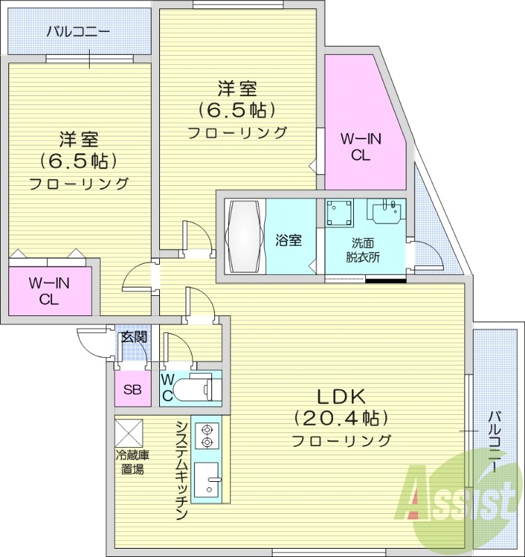 2LDK、エアコン、都市ガス、床暖房、ネット無料