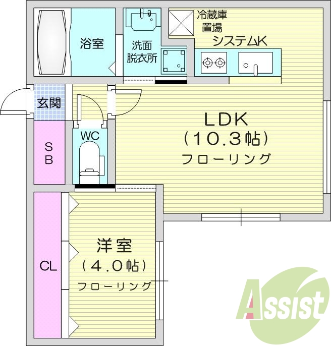 1LDK、都市ガス、エアコン、システムキッチン、浴室乾燥機