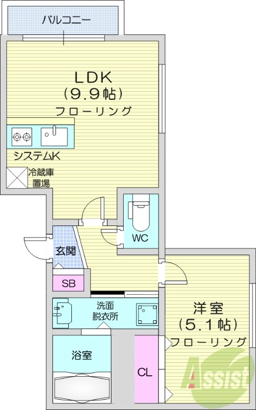 1LDK、都市ガス、角部屋、ネット無料、システムキッチン