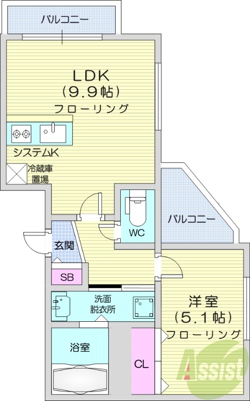 1LDK、都市ガス、角部屋、ネット無料、システムキッチン