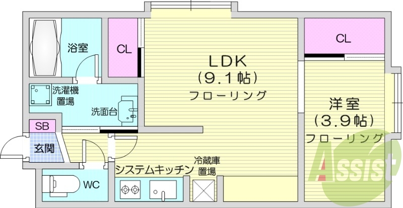 1LDK、エアコン、ネット無料、システムキッチン