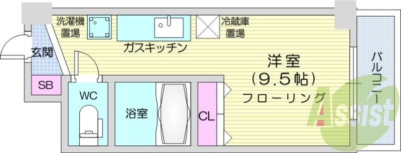 1R、都市ガス、シャワートイレ、システムキッチン