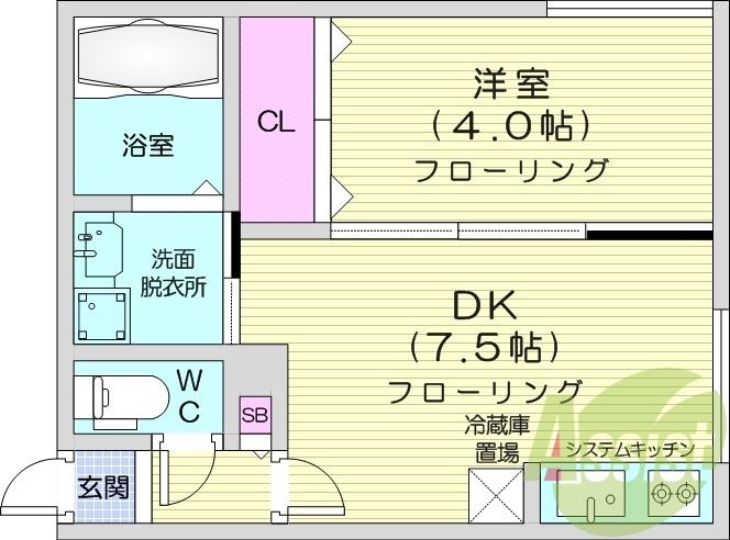 1DK、エアコン、灯油暖房、システムキッチン