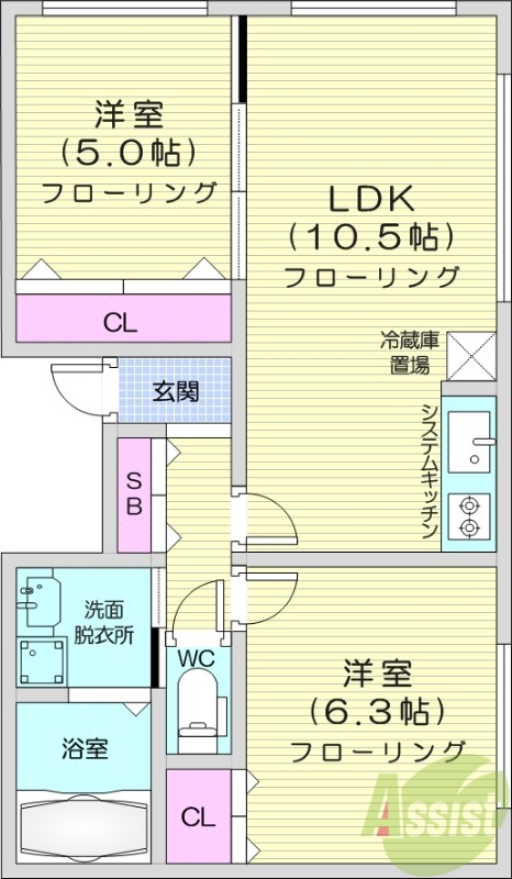 2LDK、エアコン、灯油暖房、システムキッチン