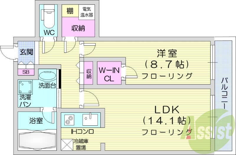 1LDK、オール電化、オートロック、ペット可、バストイレ別