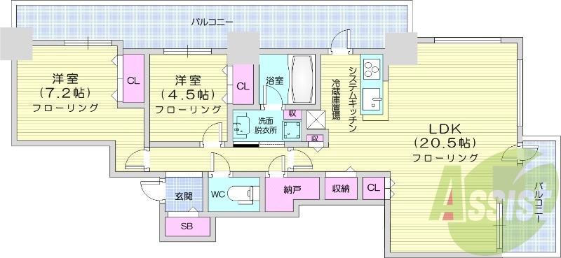 2LDK、システムキッチン、床暖房、シャワートイレ
