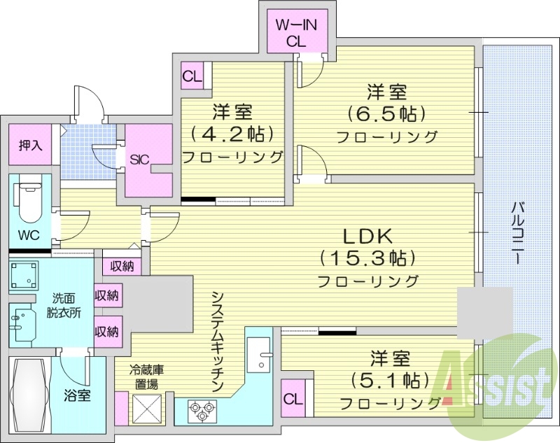 3LDK、エアコン、システムキッチン、独立洗面台、