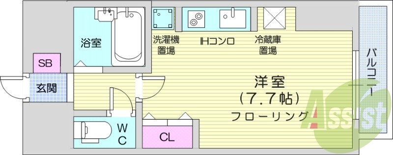 1R、エアコン、都市ガス、オートロック、バストイレ別