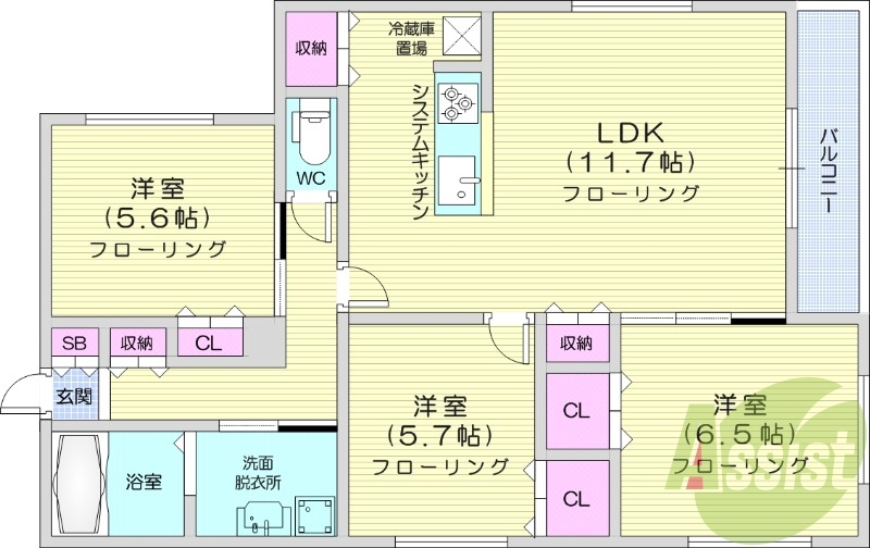 3LDK、都市ガス、エアコン、システムキッチン
