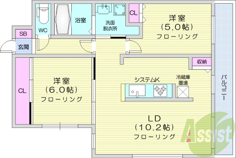 2LDK、都市ガス、エアコン、システムキッチン