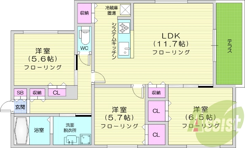 3LDK、都市ガス、エアコン、システムキッチン