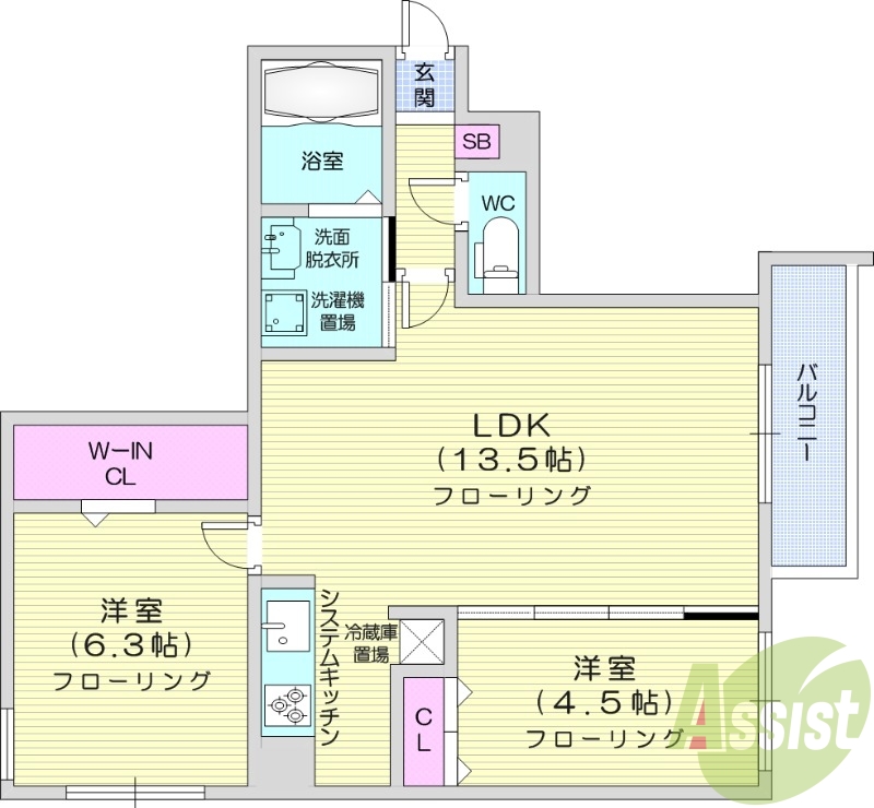 2LDK、都市ガス、エアコン、追い焚き、システムキッチン