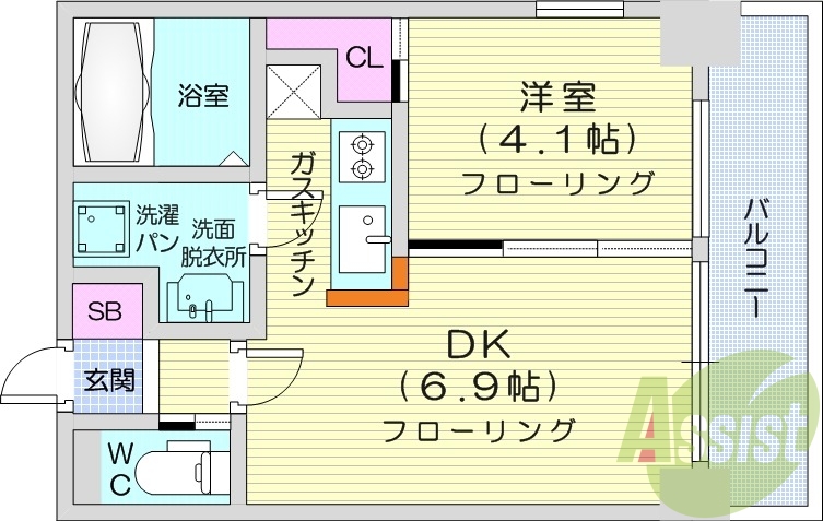 1DK、洗髪洗面化粧台、シャワートイレ、エアコン