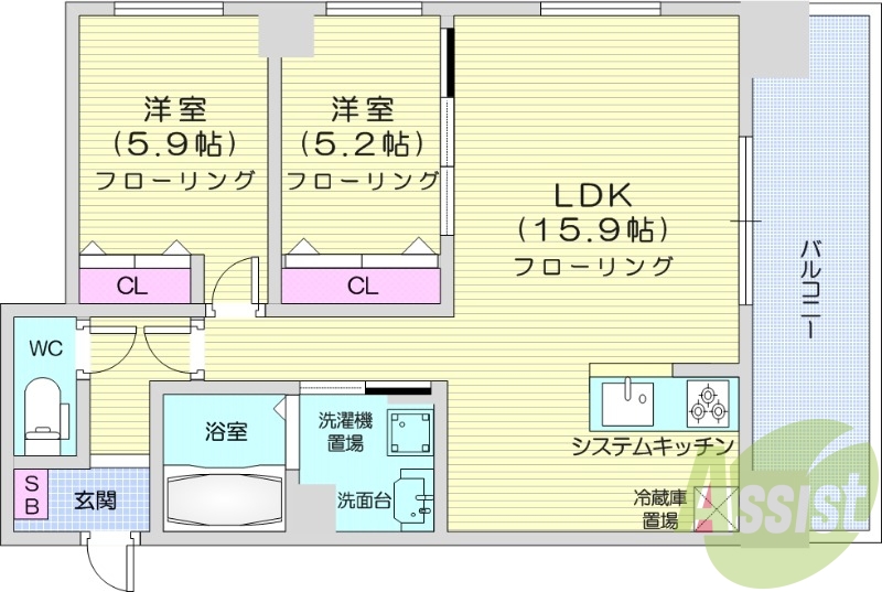 2LDK、都市ガス、ペット可、エアコン、追い焚き、