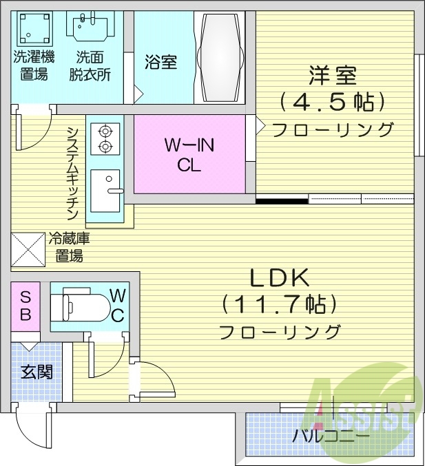 1LDK、都市ガス、エアコン、システムキッチン