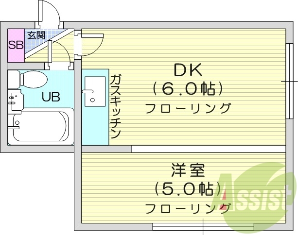 1DK、灯油暖房、シューズボックス、角部屋
