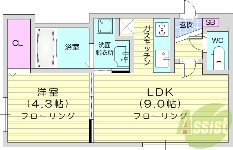1LDK、角部屋、オートロック、エアコン、ネット使用料無料