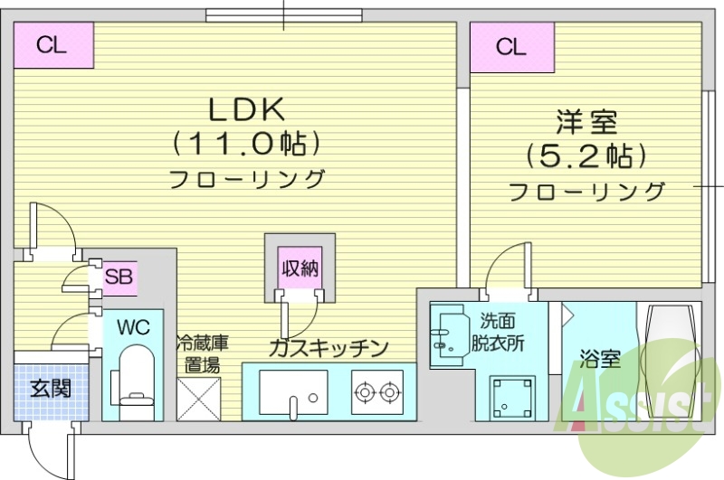 1LDK、収納、洗濯機置場、灯油暖房、オートロック