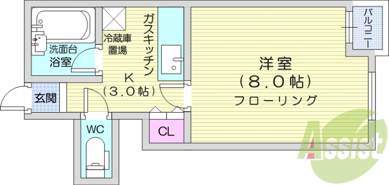 1K、室内洗濯機置場、ガス暖房、ネット使用料不要