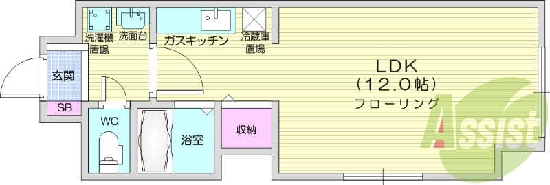 1K、都市ガス、オートロック、シューズボックス