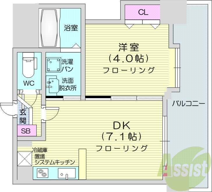１DK、洗面脱衣所、IHシステムキッチン、バルコニー