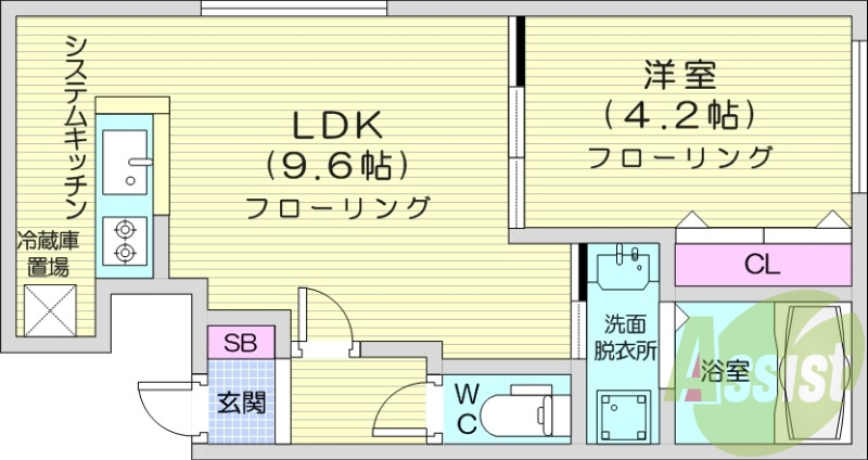 1LDK、都市ガス、エアコン、浴室乾燥機、システムキッチン