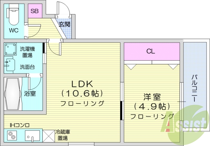 1LDK、IHクッキングヒーター、バストイレ別、独立洗面台