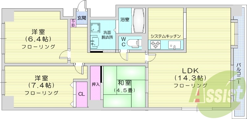 3LDK、都市ガス、角部屋、トランクルーム