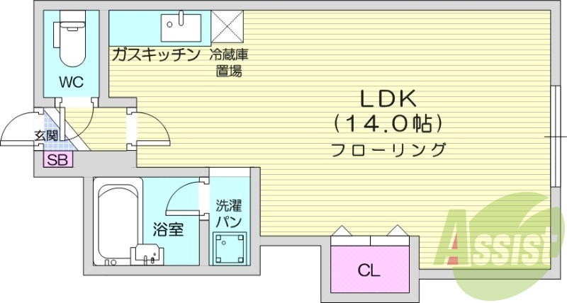 1DK、バストイレ別、RC造、シューズボックス