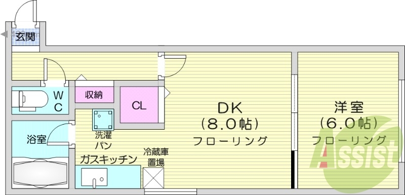 1DK、バストイレ別、RC造、シューズボックス
