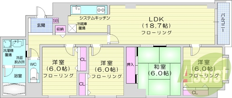4LDK、都市ガス、エアコン、システムキッチン