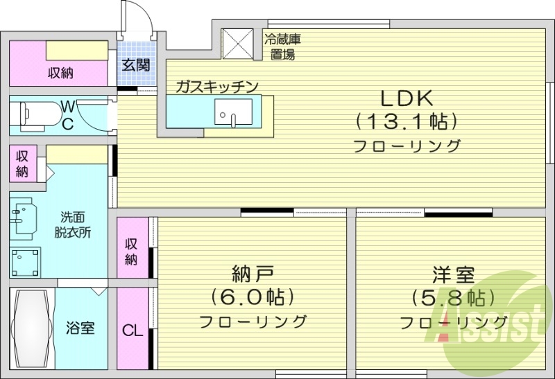 1LDK+S、バス・トイレ別、トランクルーム、24時間換気