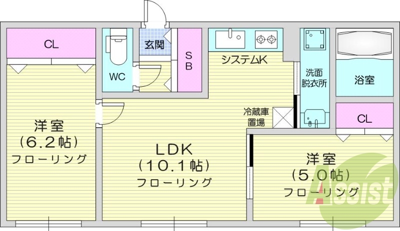 2LDK、エアコン、浴室乾燥機、灯油暖房