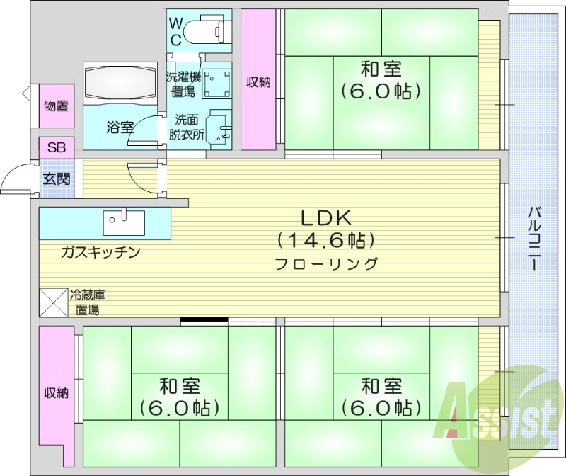 3LDK、都市ガス、独立洗面台、和室、収納