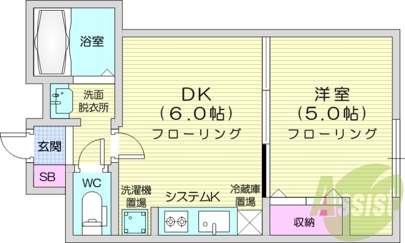 1DK、エアコン、システムキッチン、シャワートイレ