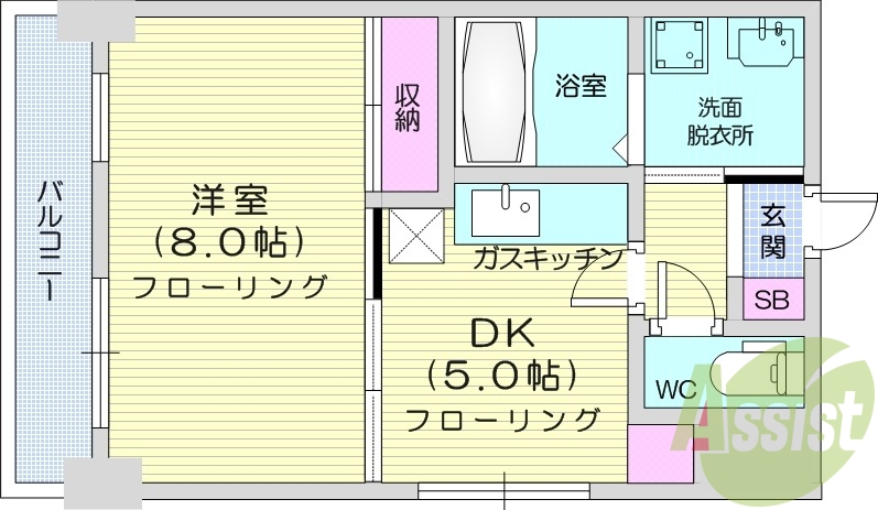 1DK、都市ガス、灯油暖房、洗髪洗面化粧台、シャワートイレ